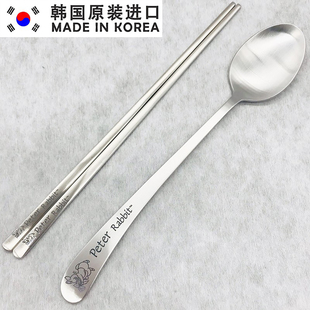 传统家用版 韩国进口彼得兔卡通不锈钢亚光韩式 饭勺实心扁筷子餐具