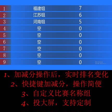 比赛竞赛加减分实时排名电脑软件，投LED大屏幕，支持定制