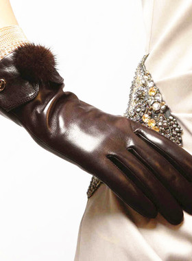 ELMA女士羊皮时尚真皮手套 奢华水貂毛球冬季进口皮手套 EL029NC