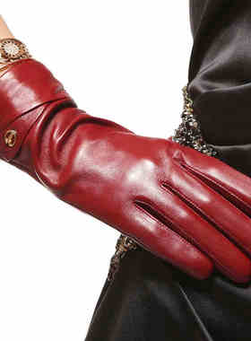 Elma真皮手套女士秋冬时尚羊皮薄款修手手套触屏中长款 EL010PK