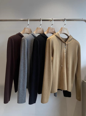 原单精品女装羊绒打底衫2025秋新品连帽针织衫女宽松显瘦百搭上衣