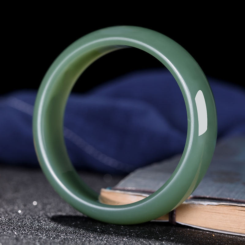 鑫万宝新疆和田玉碧玉鸭蛋青条宽17mm手镯女款天然玉石正品镯子