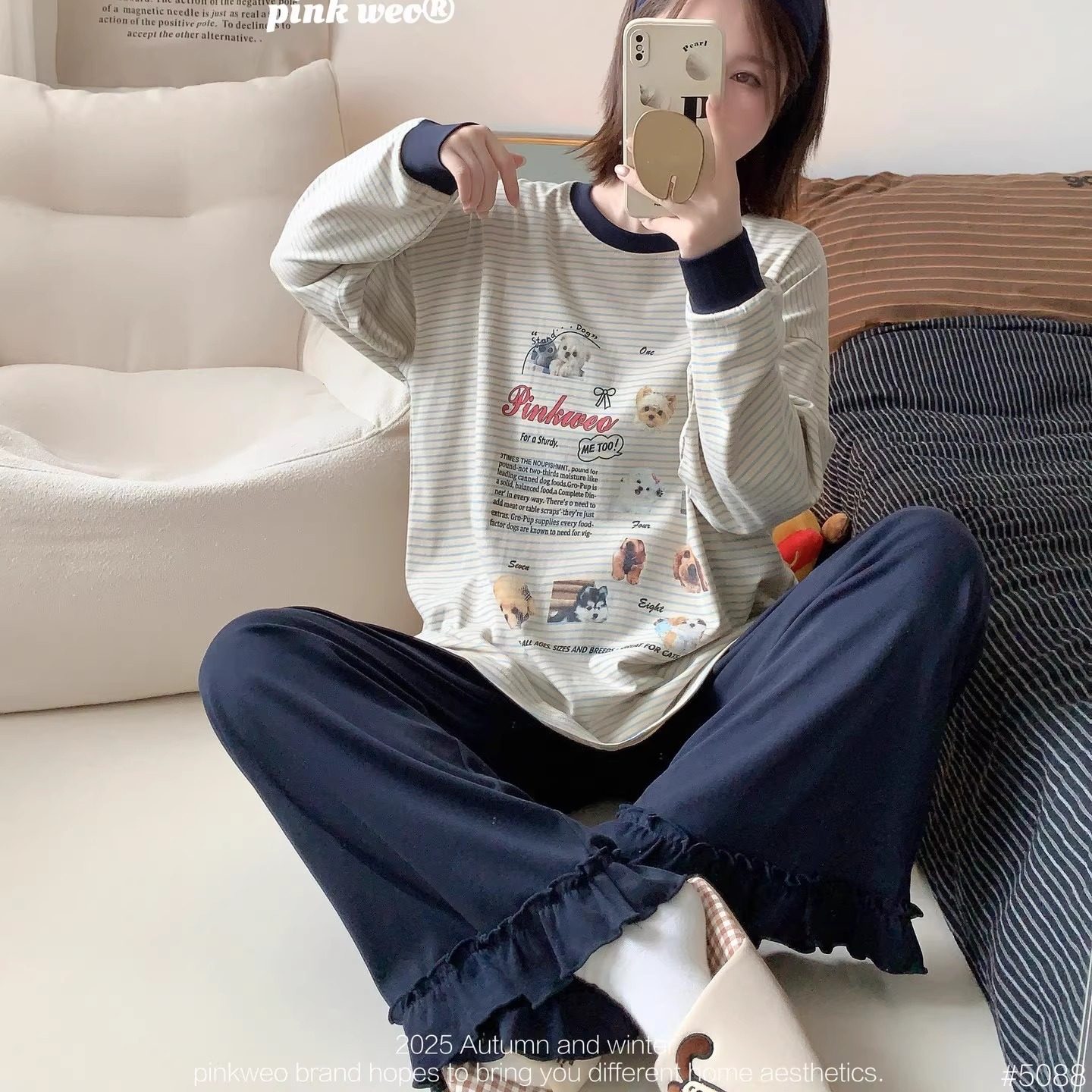 卡通条纹花边女士秋季长袖长裤纯棉套头睡衣可外穿日系宽松家居服