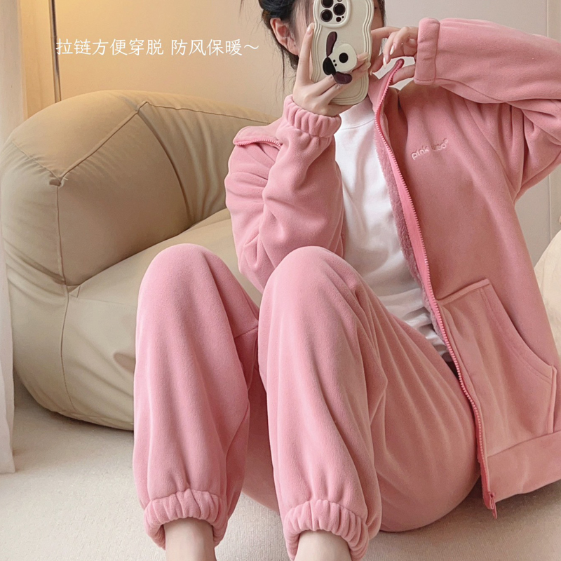 运动休闲简约开衫翻领女纯色长袖长裤加绒保暖珊瑚绒奥利绒家居服