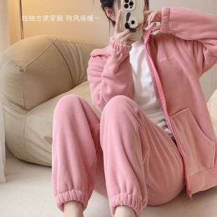 加绒保暖珊瑚绒奥利绒家居服 长裤 运动休闲简约开衫 翻领女纯色长袖
