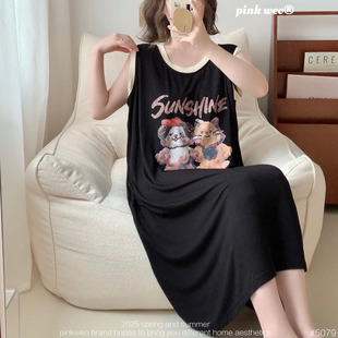 背心睡裙大码 宽松女士睡衣家居服 无袖 带胸垫卡通小猫莫代尔薄款