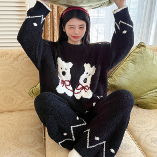 卡通可爱软绵绵冬季 加绒睡衣长裤 套装 家居服女 保暖半边绒女士长袖