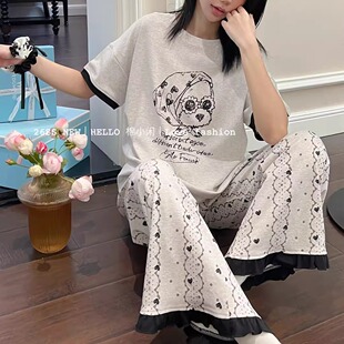 棉小闲正品 韩系甜美爱心狗狗春季 纯棉薄款 长裤 可爱女套装 睡衣短袖