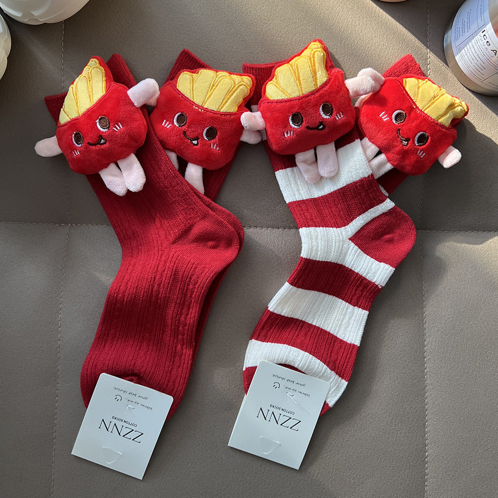 薯条公仔玩偶饰品装饰女袜厚款新年红袜子中筒袜潮羊毛袜