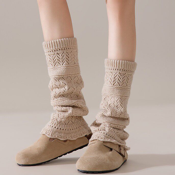 法式镂空花边腿套女微喇堆堆袜套秋冬复古羊毛针织灰色脚套