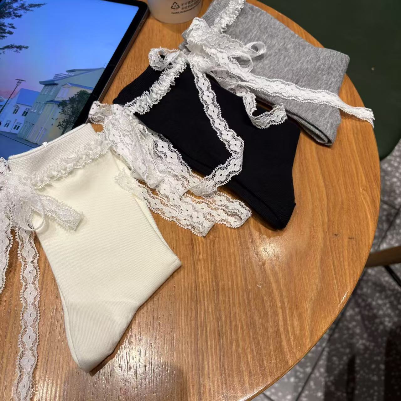 仙气女袜夏季薄棉欧货蕾丝蝴蝶结飘带堆堆甜美网红中筒潮袜直播款