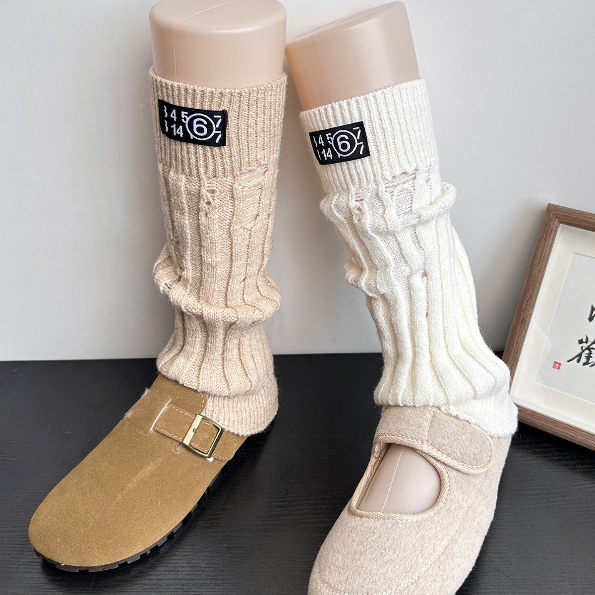 秋冬款白色袜套女加厚保暖针织腿套灰色小腿袜咖色中筒破洞堆堆袜