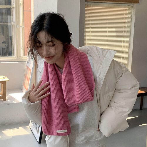韩系简约~ 粉色毛线围巾女秋冬纯色复古百搭情侣针织韩系保暖围脖