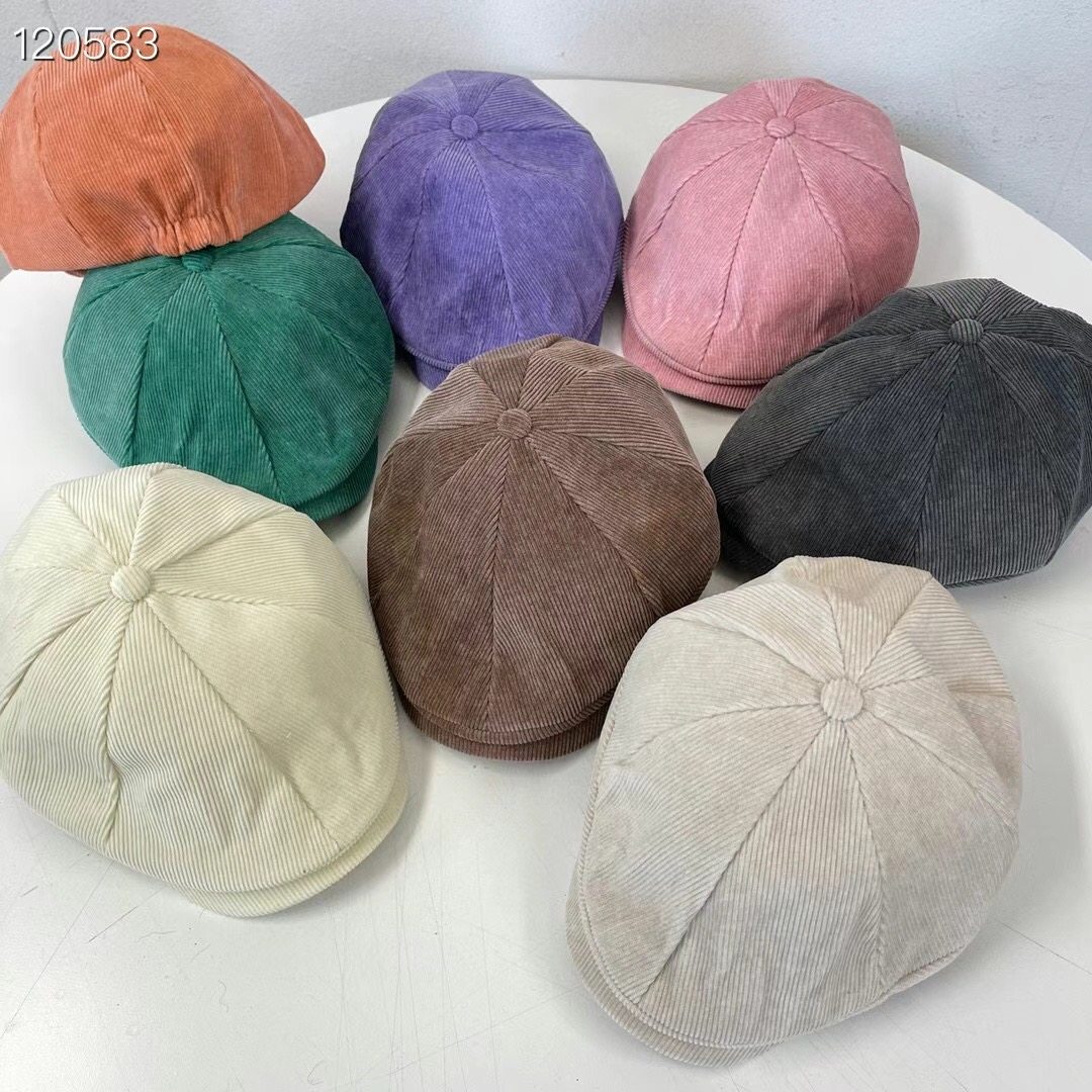 韩国代购东大门秋冬贝雷帽女糖果色灯芯绒复古画家帽前进鸭舌帽