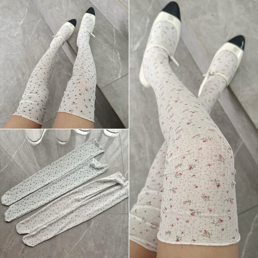 甜美小碎花大腿袜 木耳边过膝长筒棉袜 日系清新风袜子高筒袜
