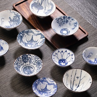 【六个装】青花斗笠杯中国风功夫茶杯大号建盏品茗杯花色随机发货