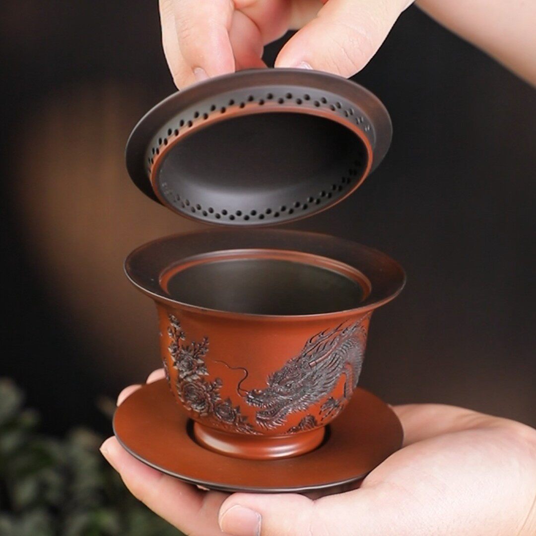 云南紫陶全手工雕刻盘龙三才盖碗新中式高档家用泡茶功夫茶具茶碗