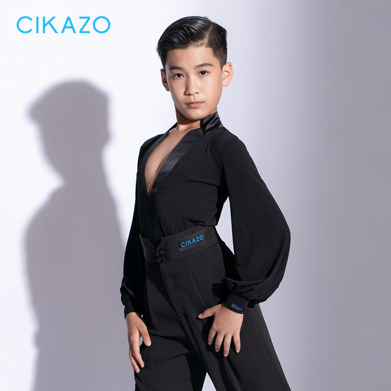 茜卡索 男童拉丁舞服秋冬长袖新款训练上衣男生灯笼袖练功服g5105
