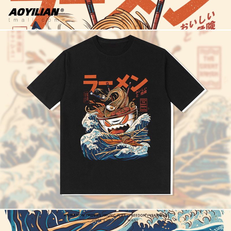 新款日系复古插画海报情侣拉面怪物纯棉宽松短袖T恤日系原宿半袖