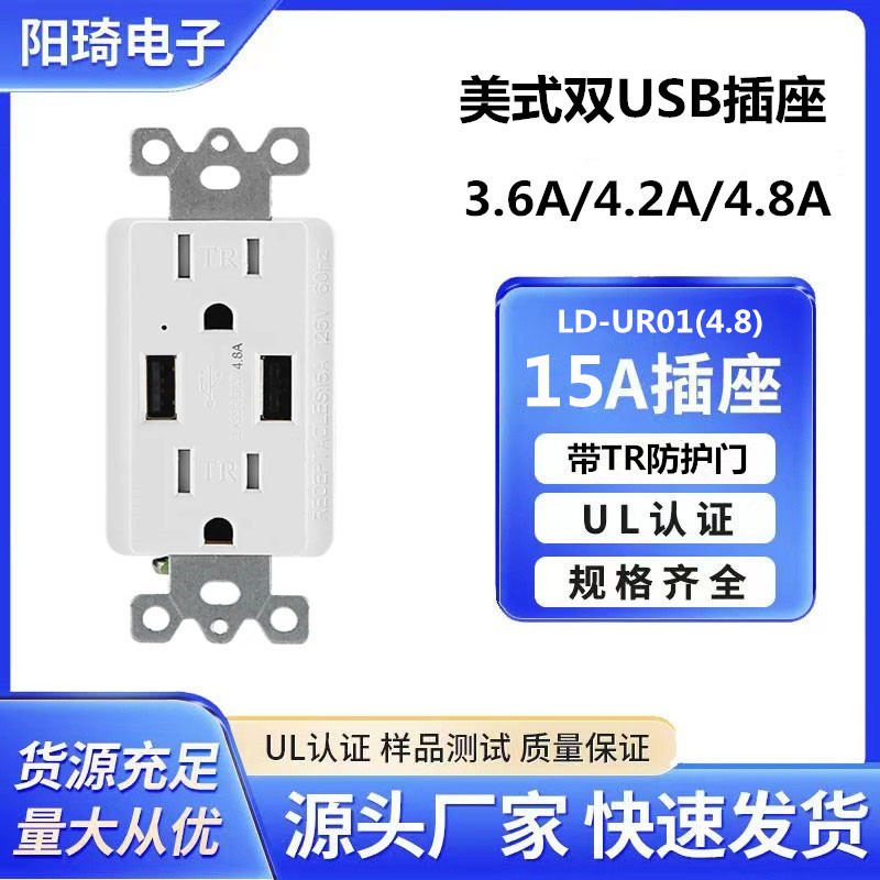 美国标准125V15A双路UB壁式插座