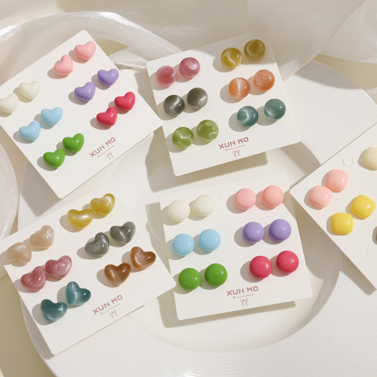 新款树脂糖果纯色桃心耳钉套装时尚简约百搭耳环甜美彩色糖豆耳饰