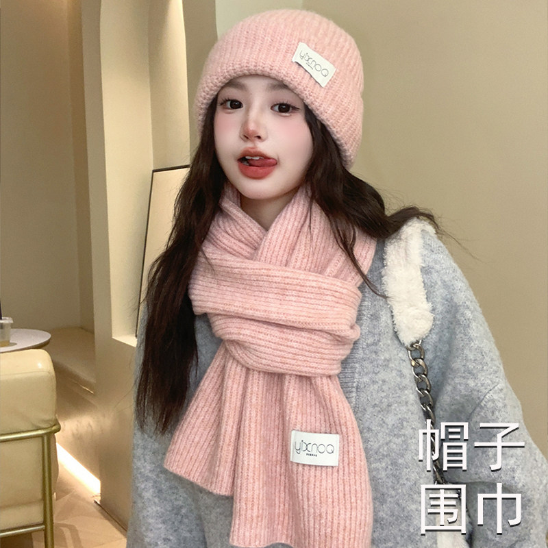 多巴胺粉色针织围巾女冬季2025新款韩版百搭加厚保暖情侣毛线围脖
