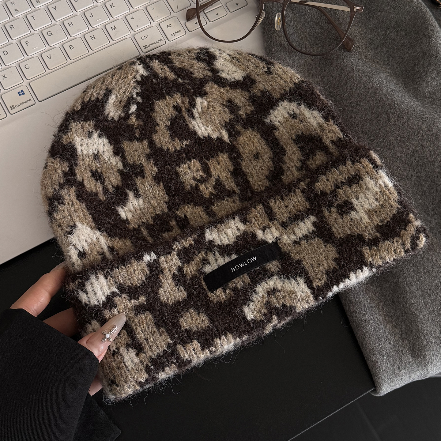 含羊毛豹纹针织帽子女秋冬堆堆帽复古毛线帽保暖大头围冷帽包头帽