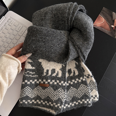 韩系复古费尔岛提花针织含羊毛围巾女高品质冬天保暖百搭学生围脖