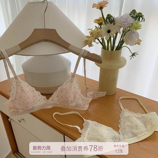 馨帮帮Bra 兔耳杯防凸点透气文胸罩 甜美波点网纱小胸内衣女超薄款