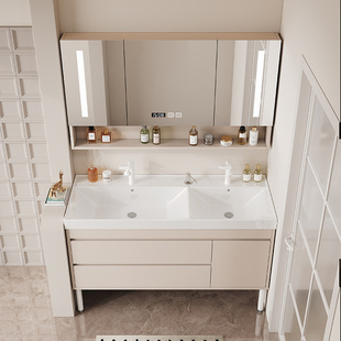 奶油风陶瓷一体双槽洗脸盆子母盆双龙头浴室柜智能镜柜实木洗脸盆