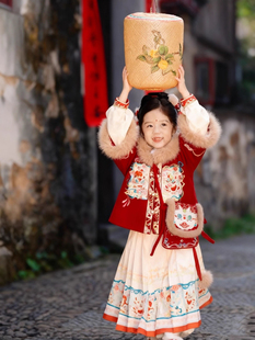 红色女孩拜年服冬款 中国风儿童过年服加厚保暖明制马面裙古风套装