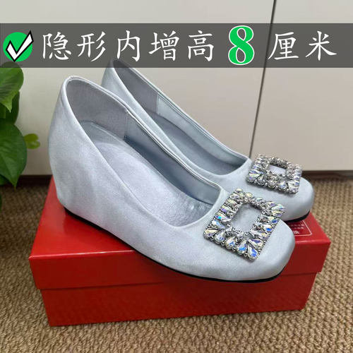 Right Video法式8厘米rv水钻方扣浅口单鞋女内增高玛丽珍鞋女百搭