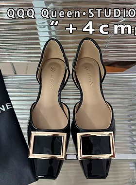 Right Video黑色内增高4cm方扣rv中空凉鞋女真皮法式温柔风单鞋女