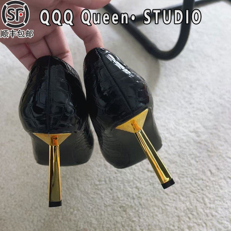 杨树林同款鳄鱼纹高跟鞋女真皮