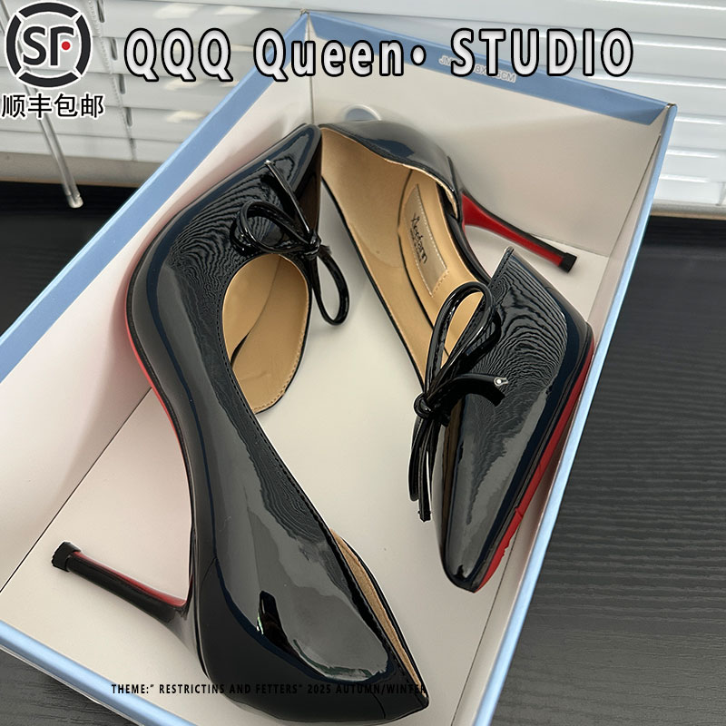 蝴蝶结红底高跟鞋女真皮2025秋冬