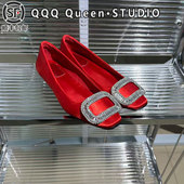Video红色婚鞋 水钻方扣绸缎鞋 女真皮2025秋季 Right 浅口矮跟单鞋