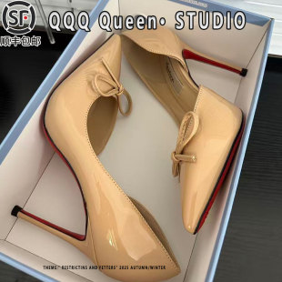 百搭侧空名媛不累脚凉鞋 裸色细跟蝴蝶结高跟鞋 漆皮尖头浅口女时尚