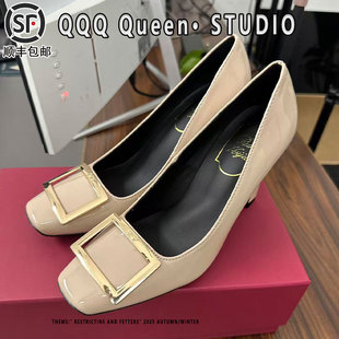 rv方扣高跟鞋女马蹄跟真皮2025秋季加绒细跟浅口方头通勤风单鞋女