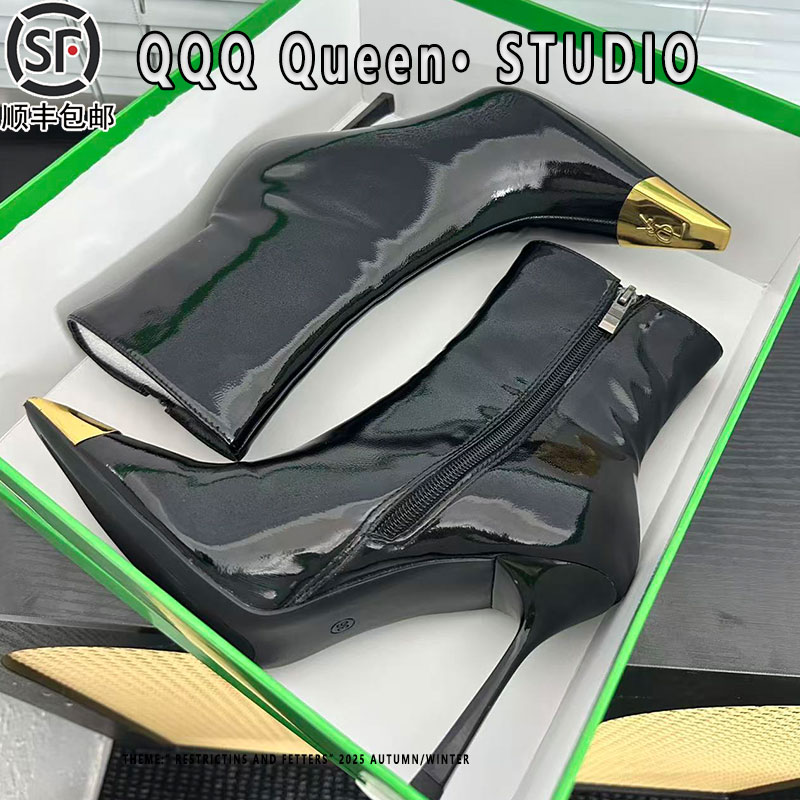 杨树林明星同款尖头高跟靴子女2025秋冬季堆堆靴甜酷短靴加绒真皮