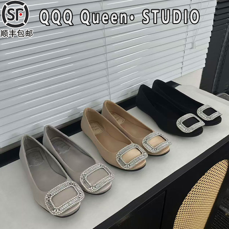 rv水钻方扣绸缎鞋女真皮2025秋冬季浅口通勤玛丽珍鞋平底圆头单鞋