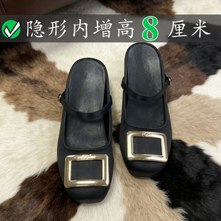 小个子内增高8厘米包头rv拖鞋女夏季外穿水钻方扣绸缎鞋穆勒凉鞋