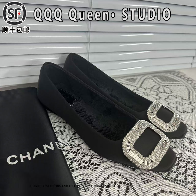 Right Video保暖加绒水钻高跟鞋女兔毛2025秋季方头方扣绸缎鞋女