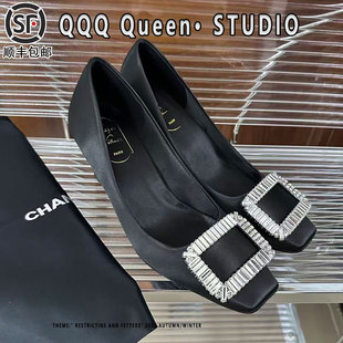 RV方头水钻细跟高跟鞋女2025秋季王漫妮同款三十而已绸缎鞋单鞋女