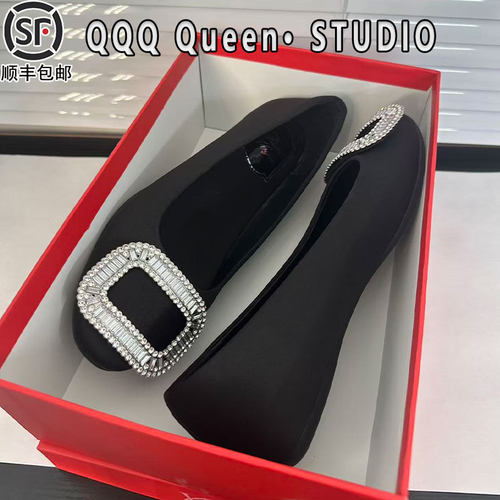 rv水钻方扣绸缎鞋女真皮2025秋冬季圆头浅口通勤玛丽珍鞋平底单鞋