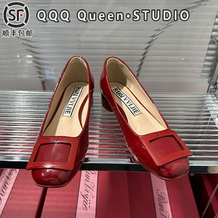 rv圆头玛丽珍鞋真皮2025秋季一脚蹬酒红色粗跟单鞋通勤方扣工作鞋