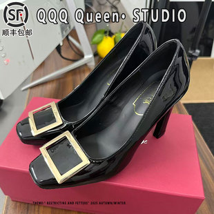 细跟rv方扣高跟鞋女真皮2025秋季浅口马蹄跟方头加绒通勤风单鞋女