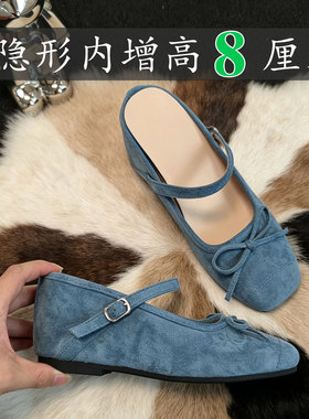 蓝色复古风方头玛丽珍鞋女一字带蝴蝶结内增高8厘米包头半拖鞋女
