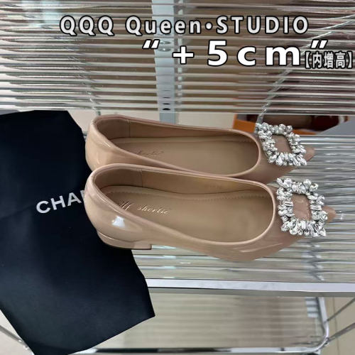 Right Video小个子内增高漆皮尖头单鞋女真皮法式水钻平底鞋女5cm