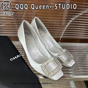 RV三十而已高跟鞋女方头水钻细跟2025秋季王漫妮同款绸缎鞋单鞋女