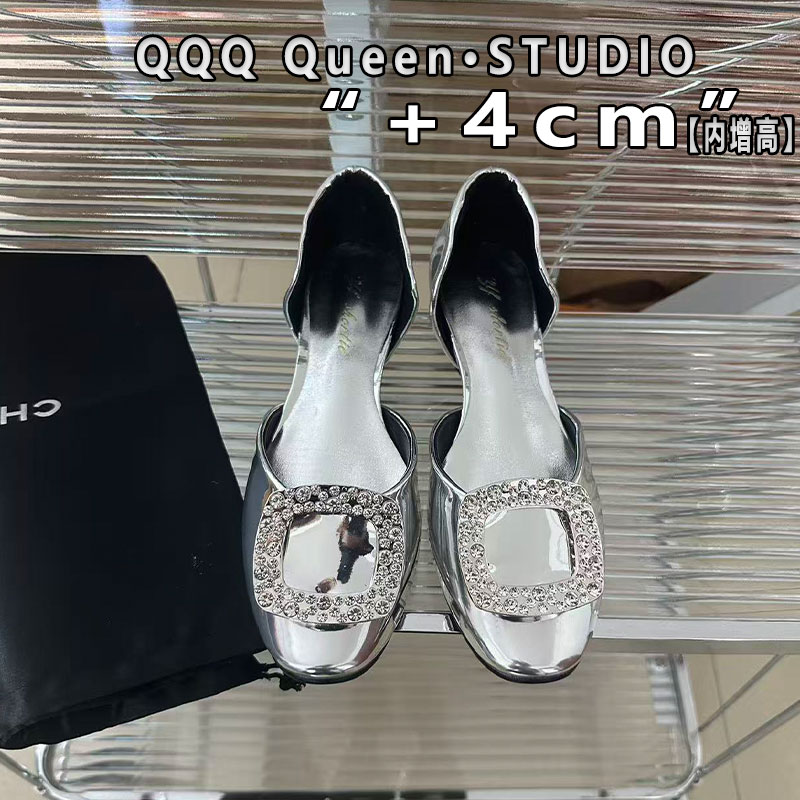 Right Video小个子内增高4cm中空凉鞋银色秋季平底水钻方扣单鞋女
